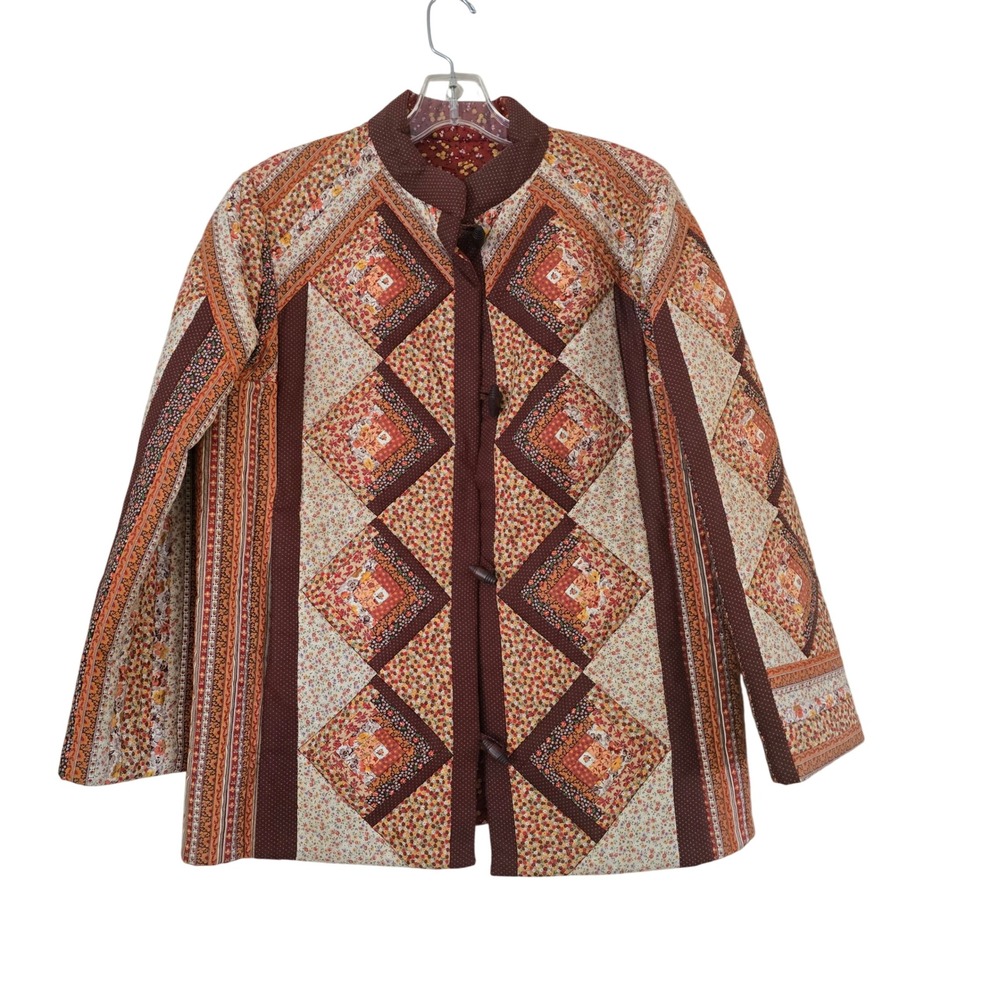 Handmade Quilted Patchwork Jacket Brown Floral Toggle Button Cottagecore Coat M